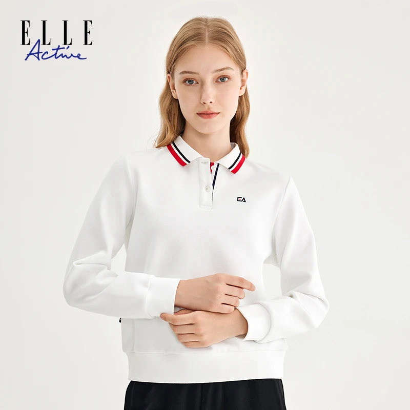 ELLE Active春秋女款卫衣polo领运动休闲撞色落肩宽松翻领上衣女