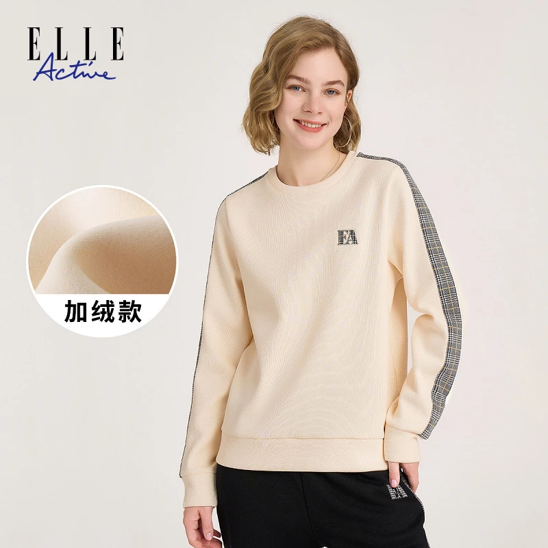 ELLE Active【小香风加绒卫衣】新品女装圆领长袖格纹拼色加绒卫衣