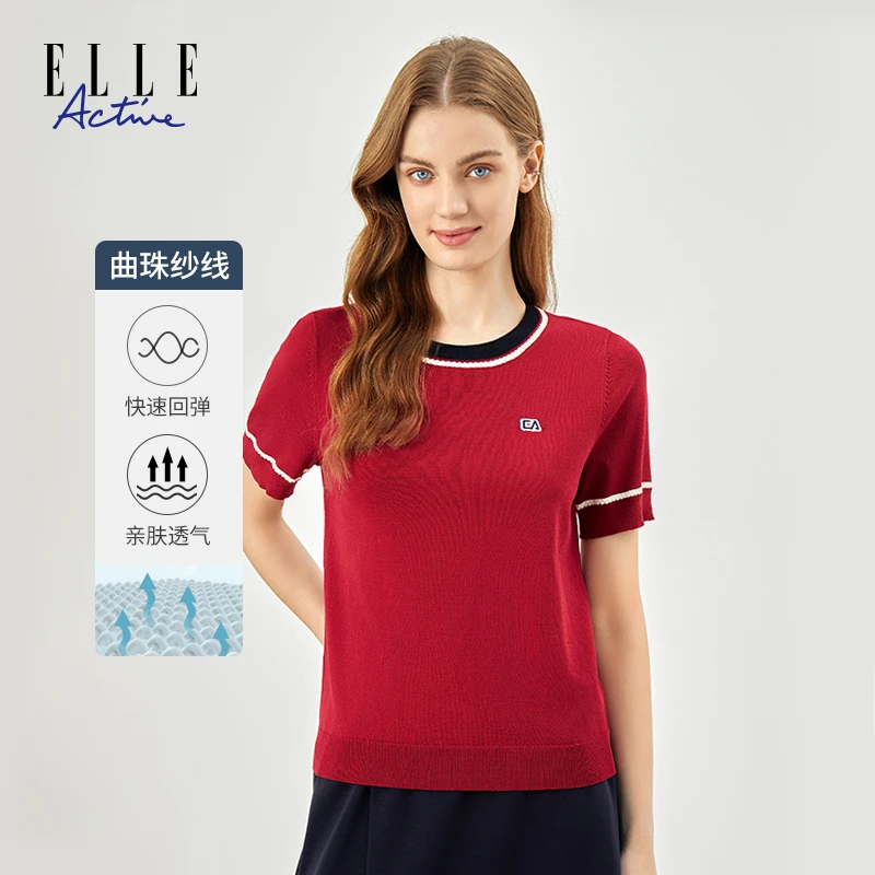 ELLE Active【复古螺纹】圆领针织衫女款都市短袖T恤时尚休闲上衣夏