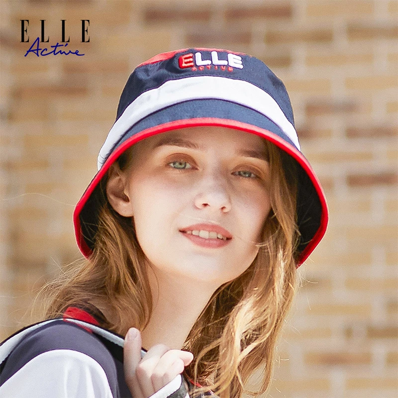ELLE Active 新品经典红蓝拼接渔夫帽遮阳帽防晒休闲盆帽女士帽子