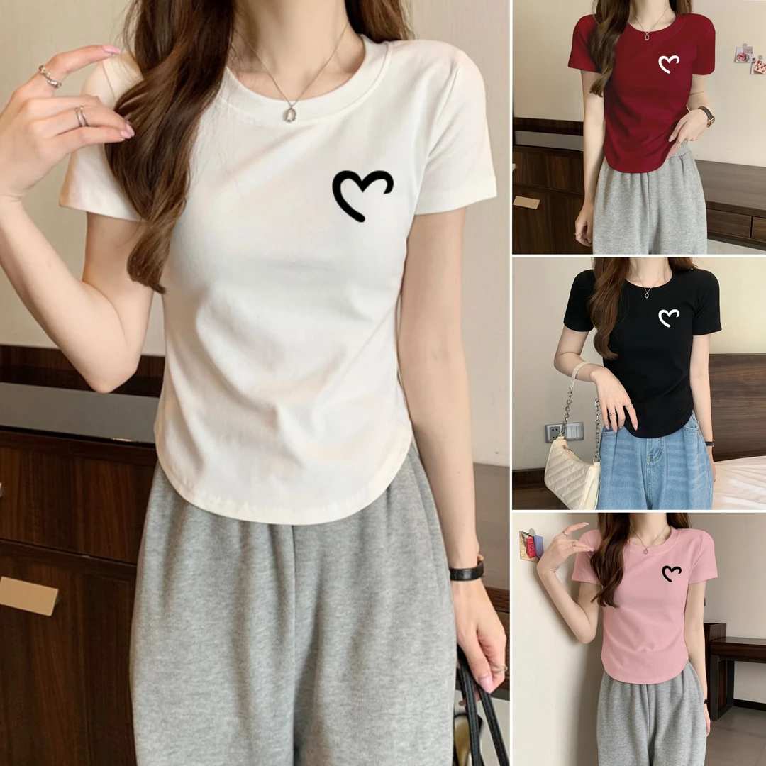 【小爱心】不规则夏季圆领T恤印花女百搭显瘦设计感正肩半袖上衣