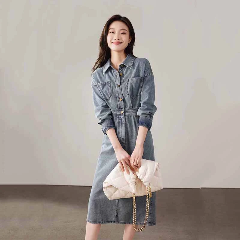 2025春秋新款翻领长袖牛仔连衣裙女新款百搭气质简约裙子显瘦复古