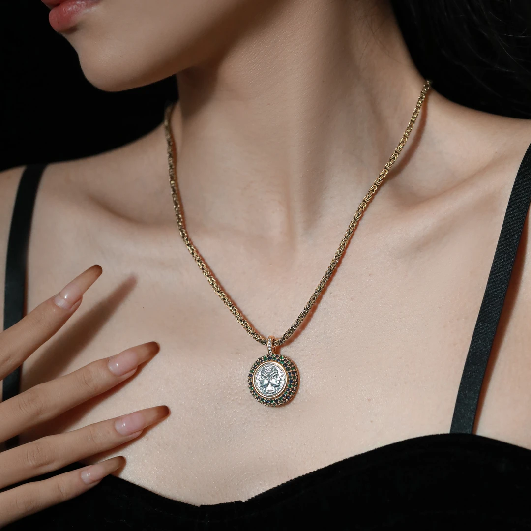 吊坠925银 M6398<双面人像>中古绿色彩锆圆牌仅吊坠复古个性项坠