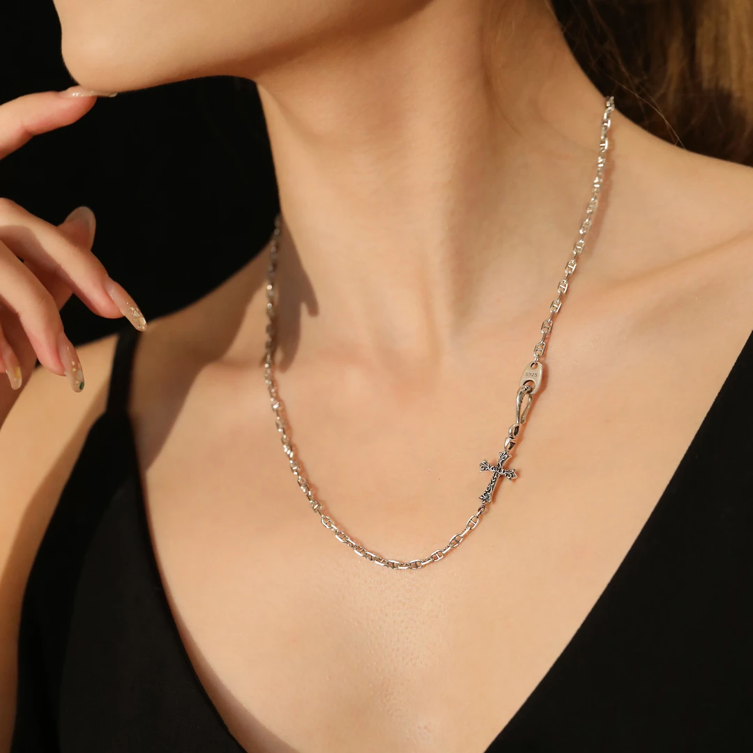 链子925银 N11746 紫锆十字架猪鼻子链条钩子项链