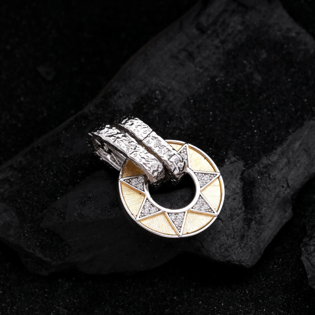 吊坠925银合成锆石 M7456<太阳罗盘>精工白锆六芒星双扣圆形吊坠