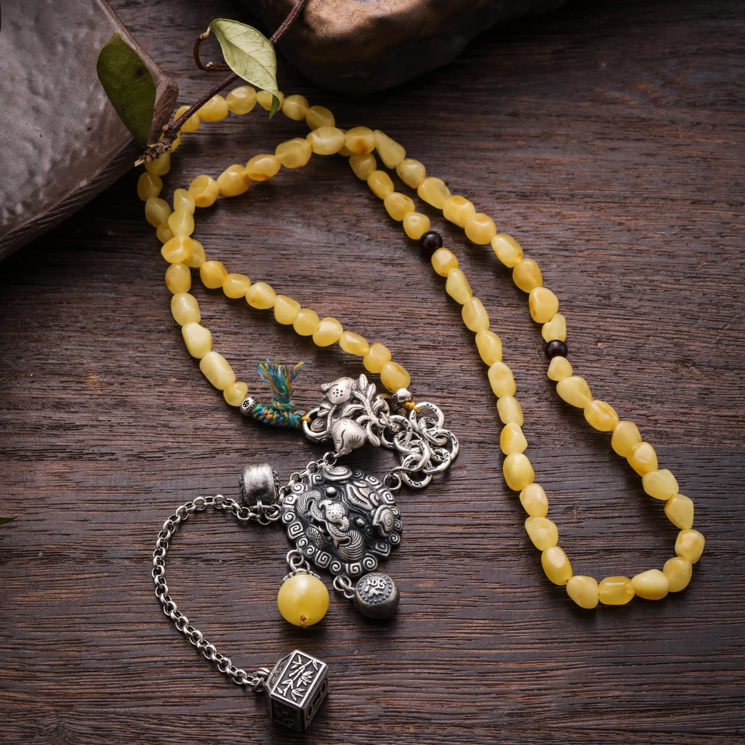 吊坠足银 N16749 吞米兽醒狮流苏印章黄色串珠项链