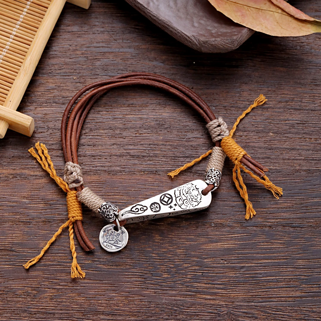 足银皮质手链 S09156 <日进斗米>吉言小动物涂鸦皮绳手链