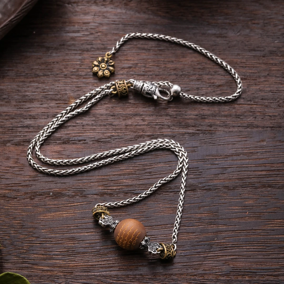 吊坠925银木质 N16650 五条木珠珠八宝莲花链条项链