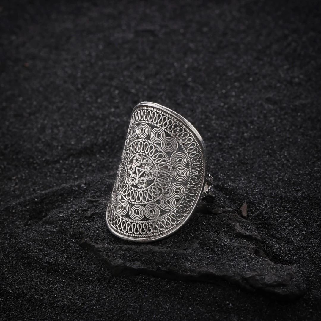 925银戒指 J10088<苗族铜鼓花>掐丝戒指女布依族民族风食指开口戒