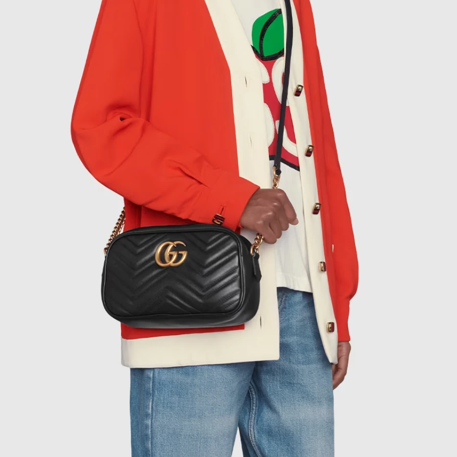 未使用 GUCCI/古驰 黑色双G马蒙相机包迷你小号 单肩斜挎女士