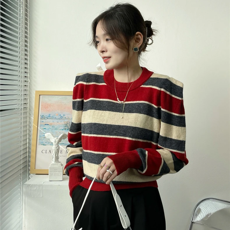 2024春秋季新款条纹拼色上衣套头毛衣时尚百搭