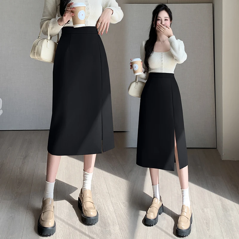 全里衬春季新款一步裙气质前开叉高腰显瘦半身裙中长款百搭半身裙