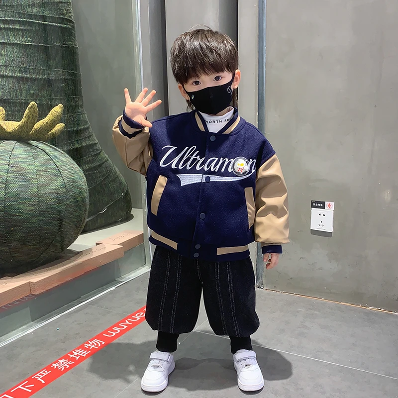 奥特曼儿童秋冬装加棉加厚外套2023绣花皮袖棒球服帅气男童装潮