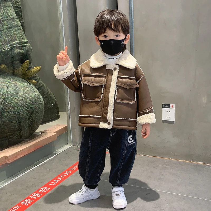男童加绒皮夹克外套2023儿童休闲秋冬装潮帅皮衣小童洋气时髦童装