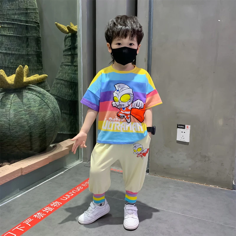 奥特曼衣服男童夏季彩虹套装2025新款夏天休闲洋气短袖两件套潮