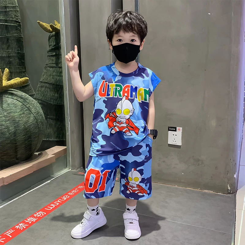 奥特曼衣服男童背心套装夏季2024新款小儿童装无袖短裤男孩痞帅气