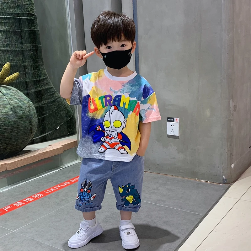 儿童夏装扎染奥特曼时髦2024款男童休闲短袖套装洋气小孩潮帅童装
