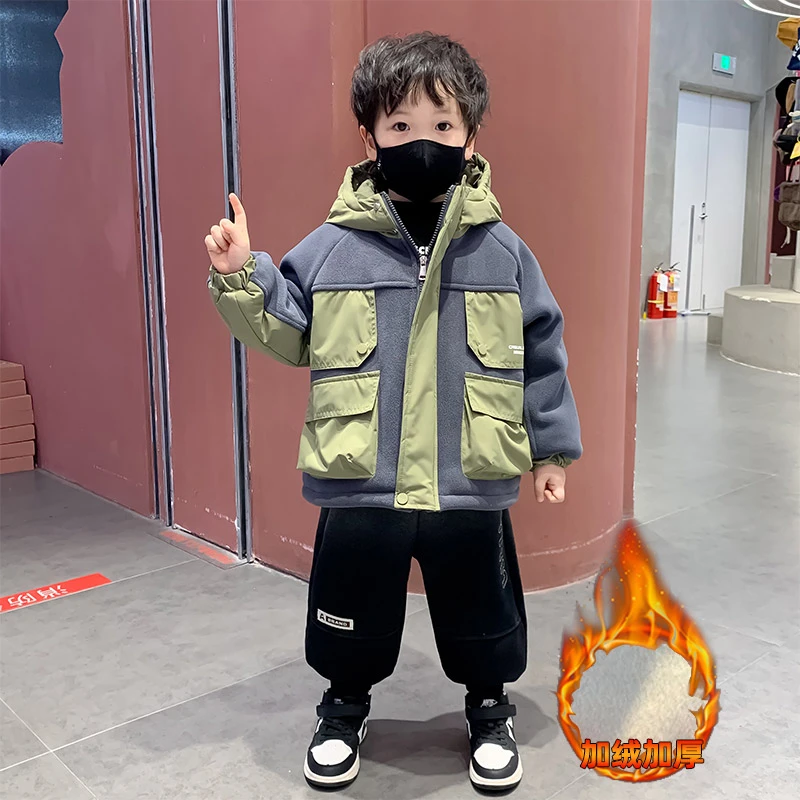 男童加绒外套秋冬装24新款儿童痞帅冬季奥粒绒冲锋衣宝宝加厚棉服
