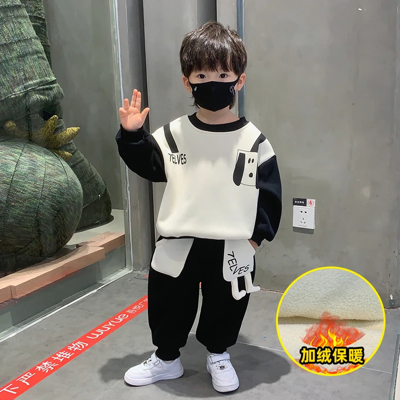 男童小狗背包加绒卫衣套装2023儿童秋冬装休闲两件套洋气中小童装