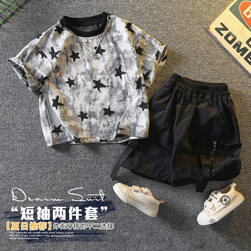 儿童夏装洋气五角星项链工装套装2025款夏季男童时尚潮酷童装衣服