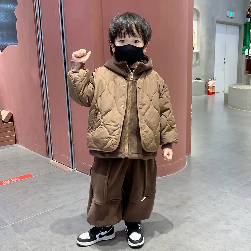 男童加绒加厚套装2025新款宝宝洋气韩版马甲卫衣三件套儿童冬装潮
