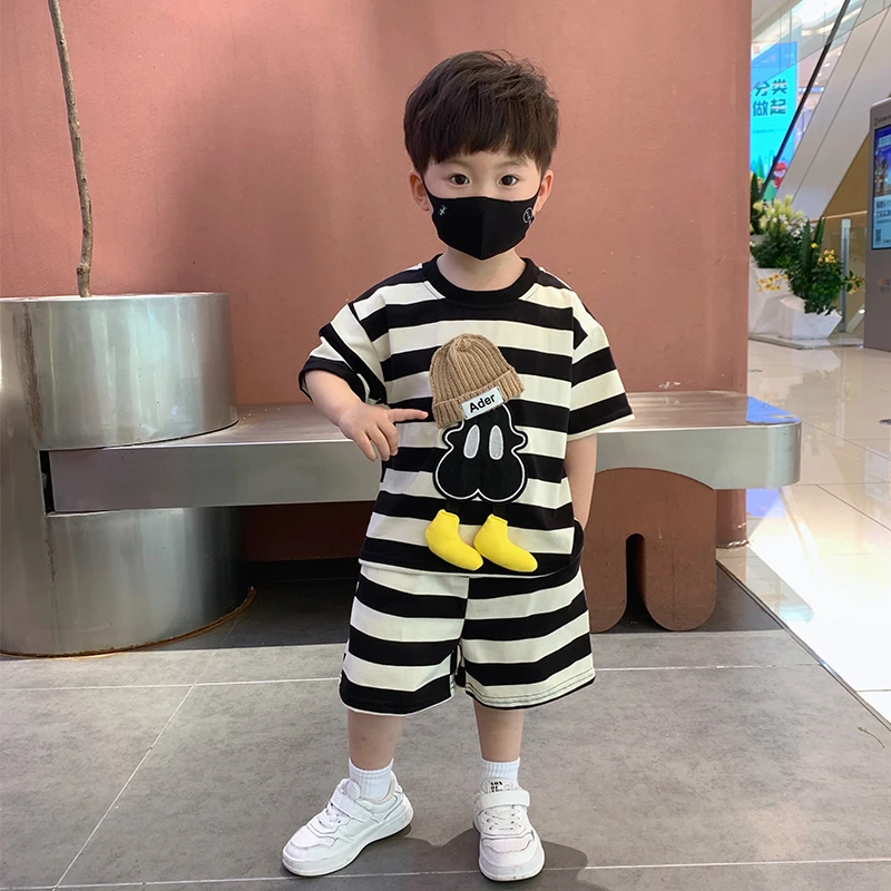 卡通条纹儿童短袖套装2025款中小男女童夏季薄款休闲夏装小孩童装