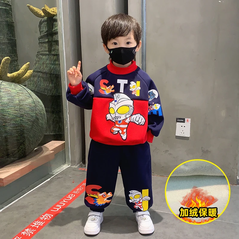 龙头年服奥特曼男童加绒套装2023时髦儿童卫衣两件套保暖秋冬童装