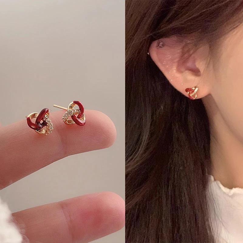 百搭新年红滴油同心结耳钉气质精致耳饰女绝美耳环小众设计感5800