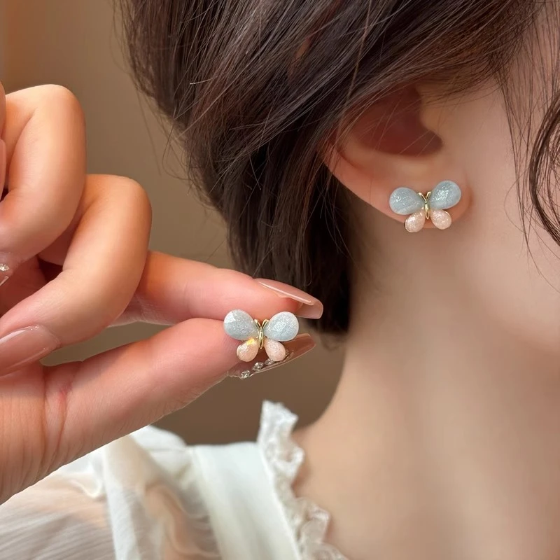 粉蓝蝴蝶耳钉女925银针ins小众设计高级感耳饰新款爆款耳环女1315