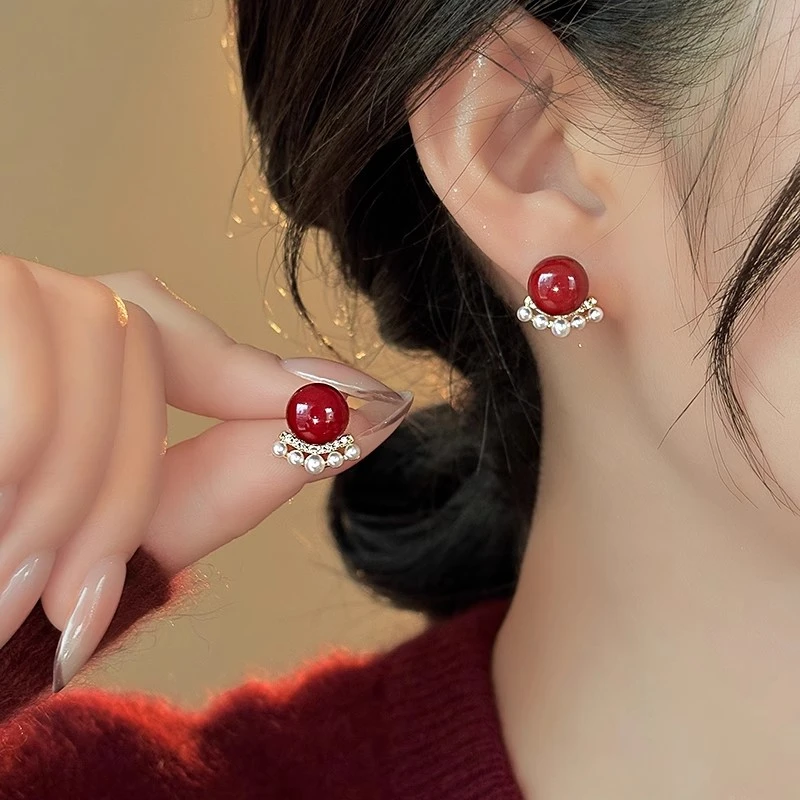 法式小众轻奢红仿珍珠耳钉高级感精致耳环耳饰独特新款4673