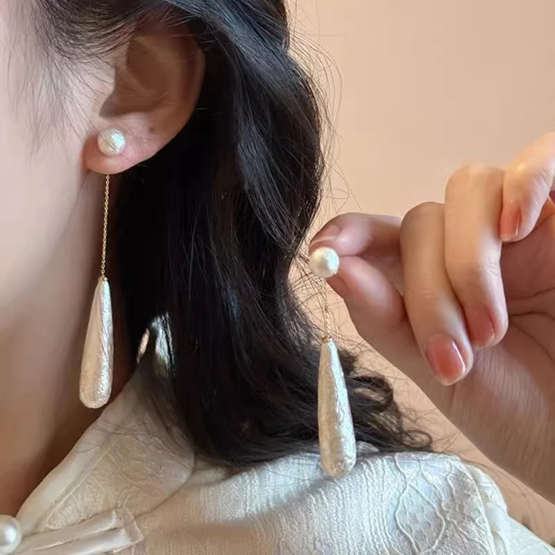 银针简约水滴仿珍珠耳环法式高级感长款耳坠优雅时尚新款耳饰4331