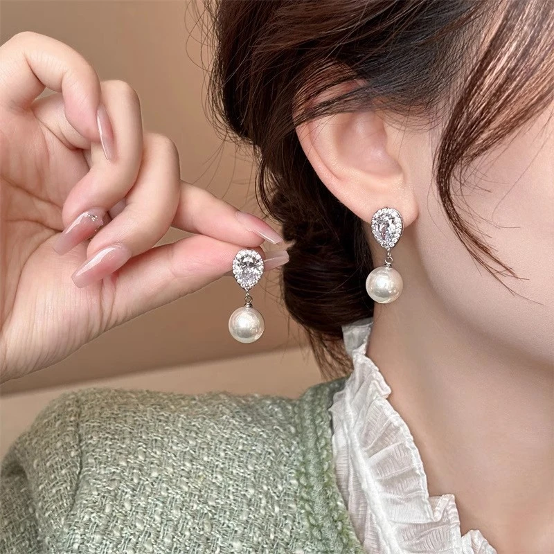 水滴闪锆耳钉仿珍珠耳坠新款爆款耳环轻奢高级感小众独特耳饰4482