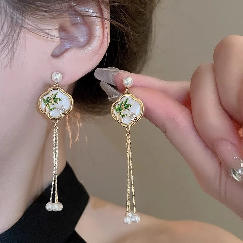新中式翠竹仿珍珠祥云流苏耳环耳钉国风高级优雅配饰汉服耳饰4123