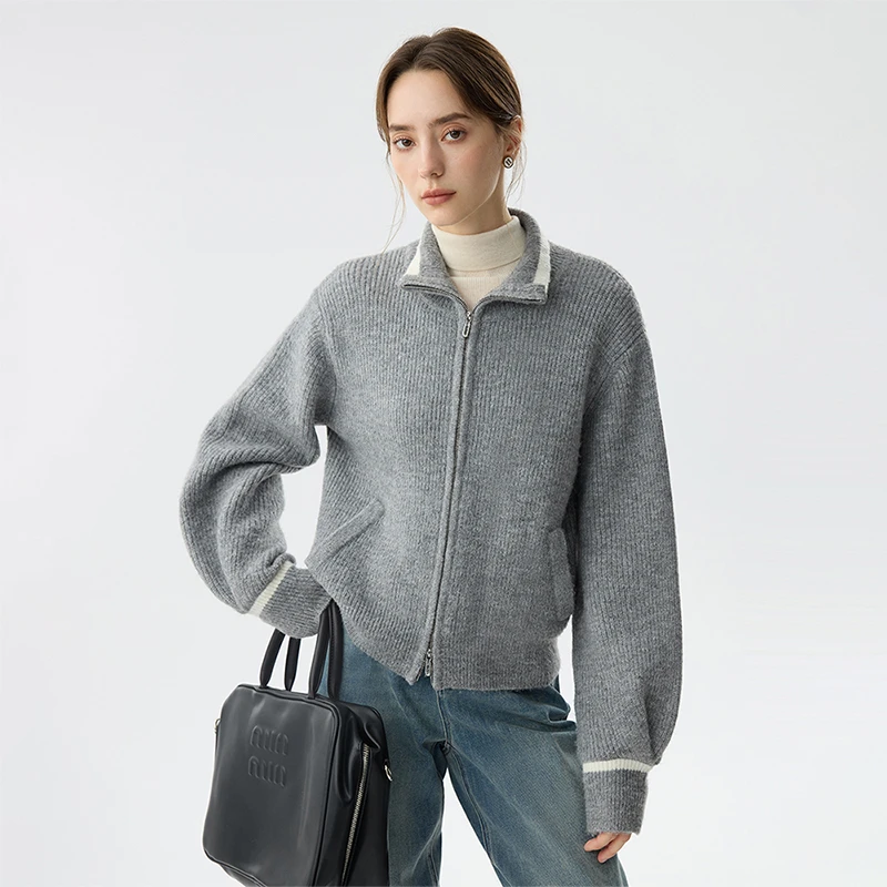 范思蓝恩高级感立领双链撞色保暖通勤休闲冬季新款开衫24FS14283