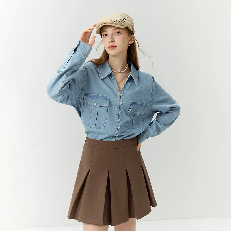 范思蓝恩显瘦高腰时髦百搭三色百褶半身裙学院风A字短裙23FS13200