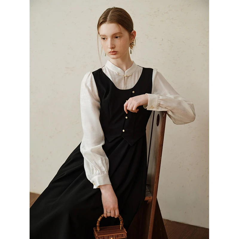 范思蓝恩新中式轻国风假两件气质连衣裙女春秋2024新款24FS11049