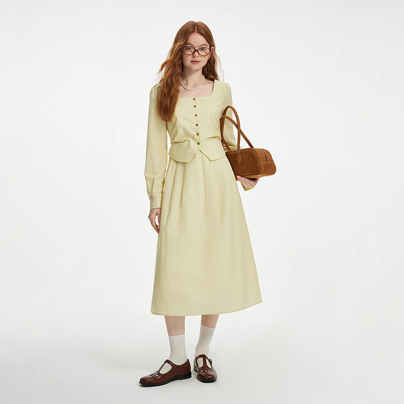 范思蓝恩气质通勤假两件设计感连衣裙新款方领收腰裙子24FS13227