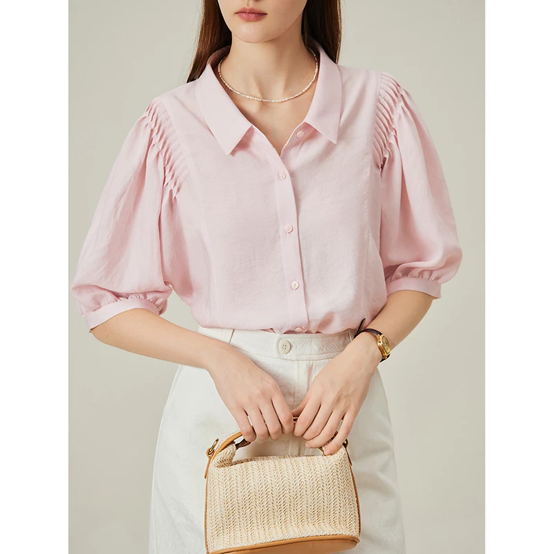 范思蓝恩设计感蝙蝠袖慵懒感夏季新款翻领宽松百搭衬衫24FS12242
