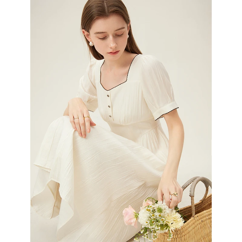 范思蓝恩方领法式连衣裙2024夏装新款显瘦小众设计感24FS12141