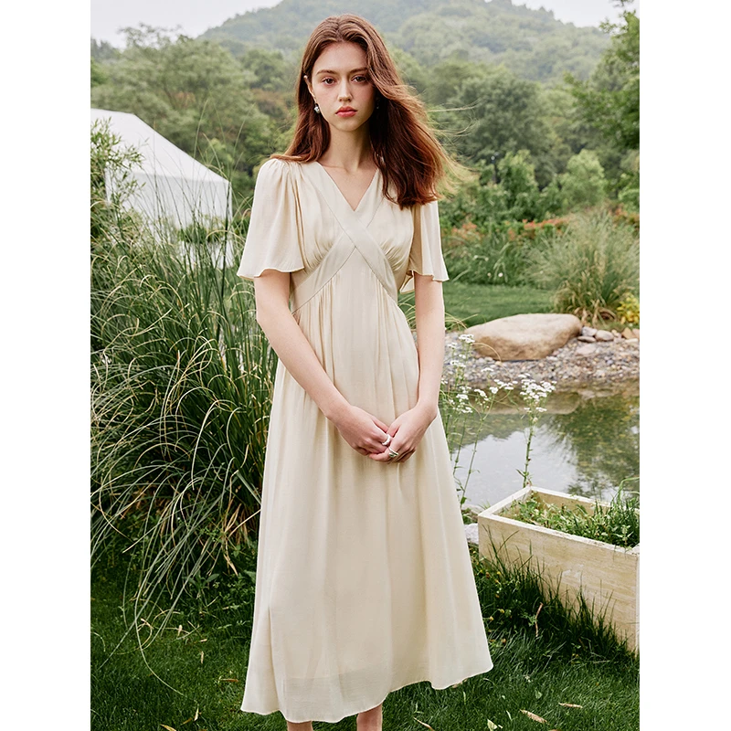 范思蓝恩法式V领赫本风气质女夏季新款短袖收腰连衣裙24FS12945