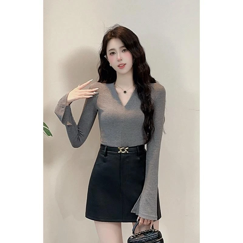 圆脸酥星川落子秋季新款气质长袖百搭V领显瘦上衣女