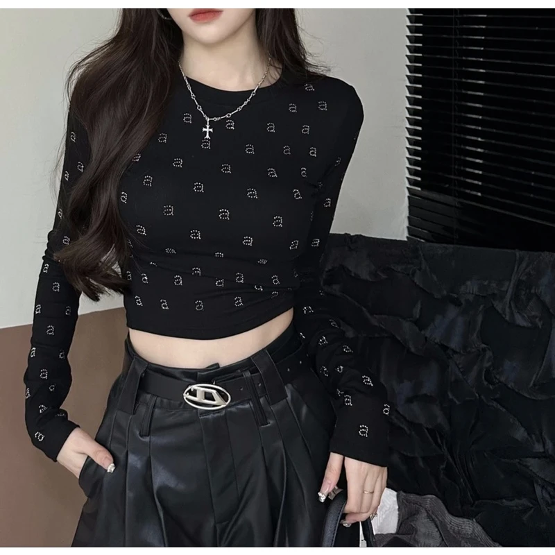 【现货秒发】辣妹长袖T恤短款小个子气质烫钻字母显瘦打底衫上衣女