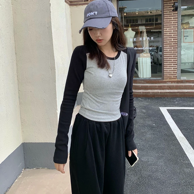 JS新款撞色插肩袖长袖内搭T恤女士圆领打底衫修身显瘦别致上衣A7