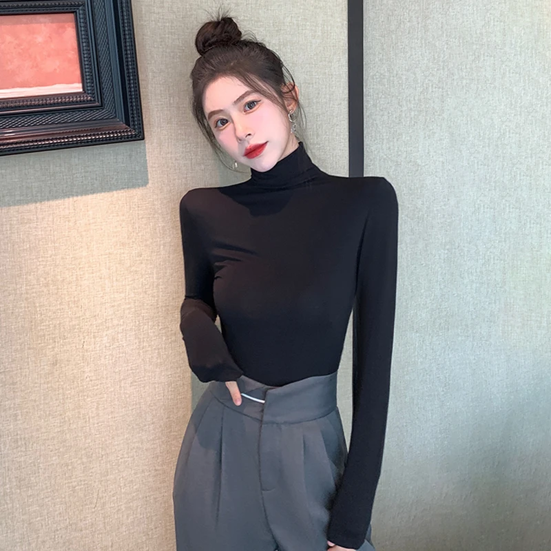 JS春秋薄款堆堆领长袖打底衫女款高领百搭显瘦洋气内搭打底上衣A8