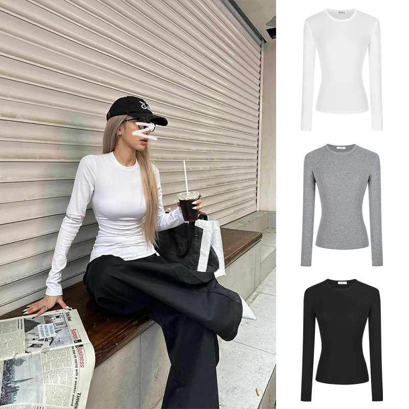MX白色ins风长袖T恤女早秋修身显瘦圆领打底衫气质百搭性感上衣A2