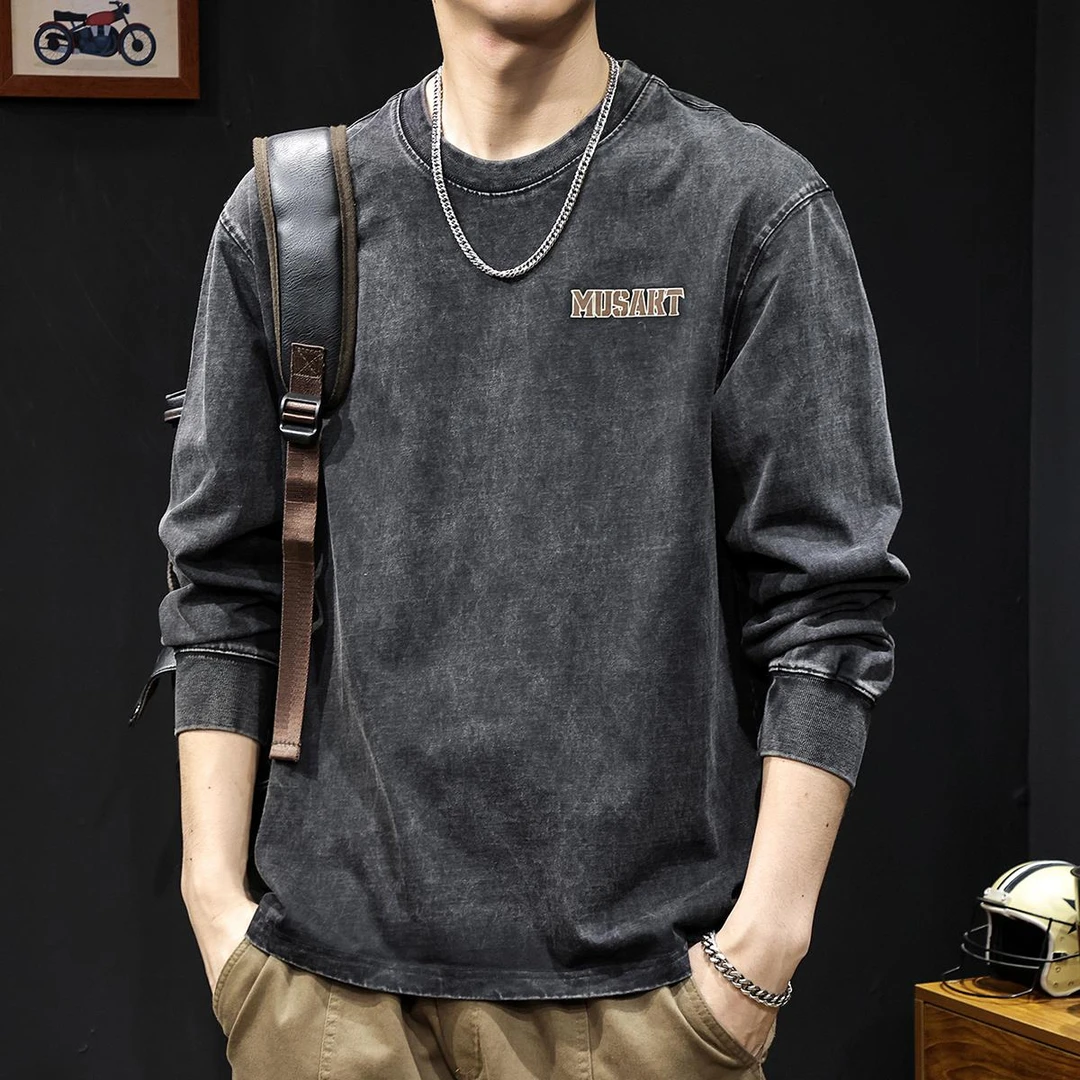 美式复古水洗长袖t恤男秋冬季纯棉潮流男士圆领内搭爆款宽松百搭