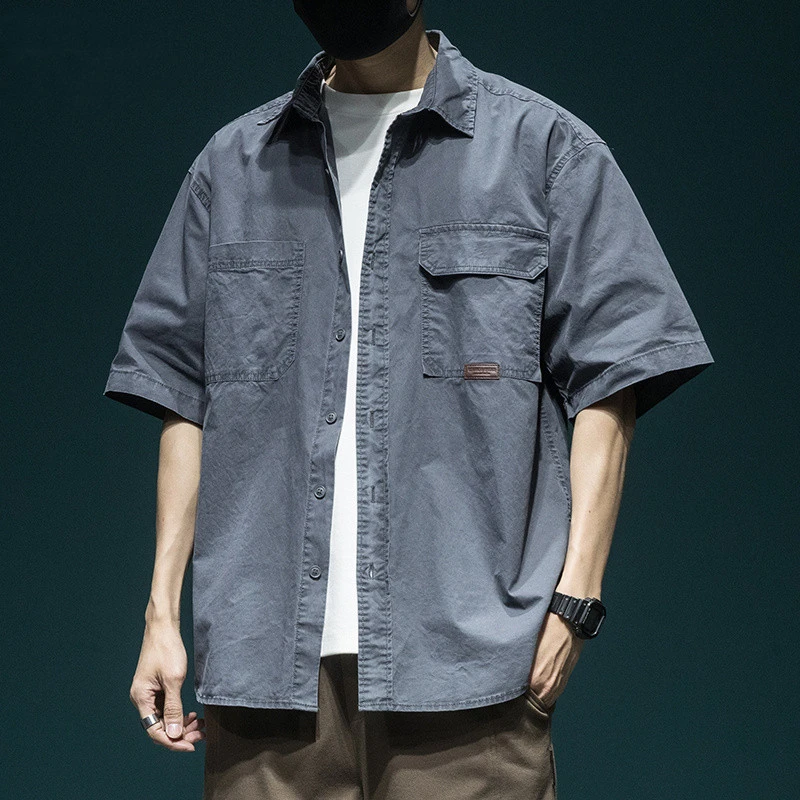 夏季薄款工装短袖衬衫男重磅洗水复古休闲上衣宽松版纯棉衬衣外套