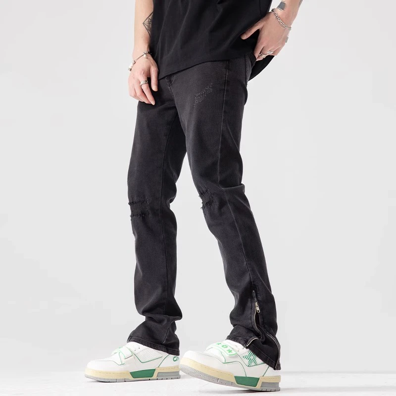 水洗黑色补丁牛仔裤男潮牌微喇春秋直筒休闲美式裤脚拉链长裤男款