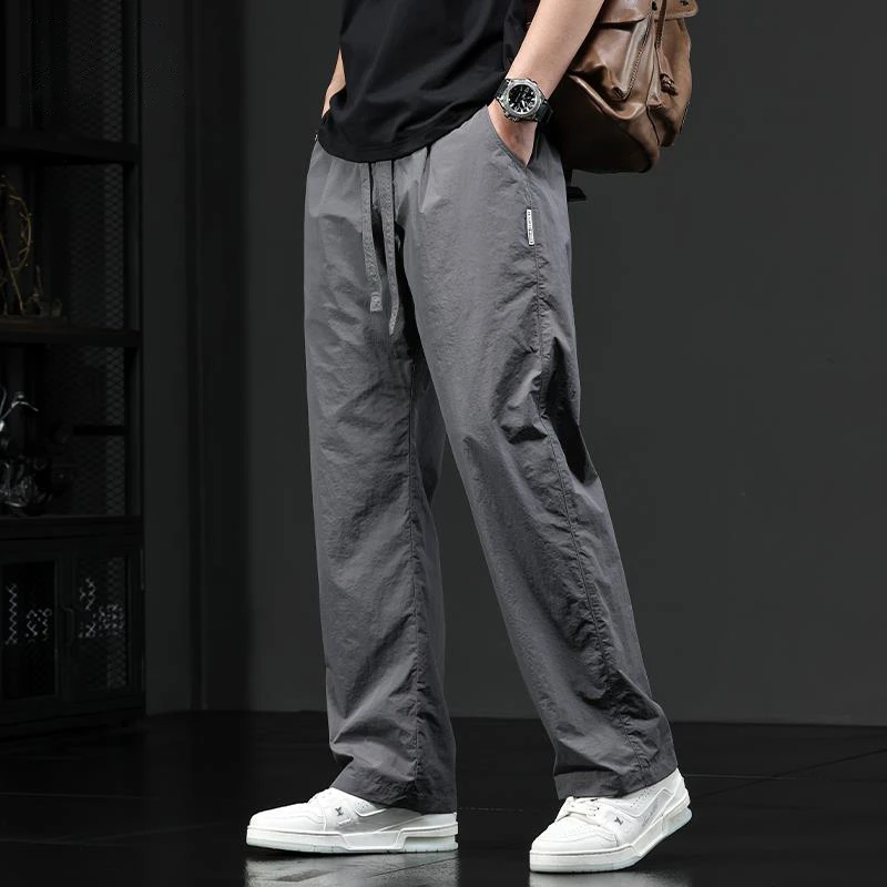 夏季高端冰丝休闲裤男大码薄款宽松阔腿直筒速干裤子透气男款百搭