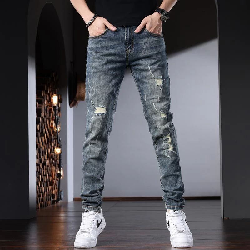 秋冬季牛仔裤男潮牌小脚补丁破洞修身长裤子深蓝水洗乞丐裤子潮流